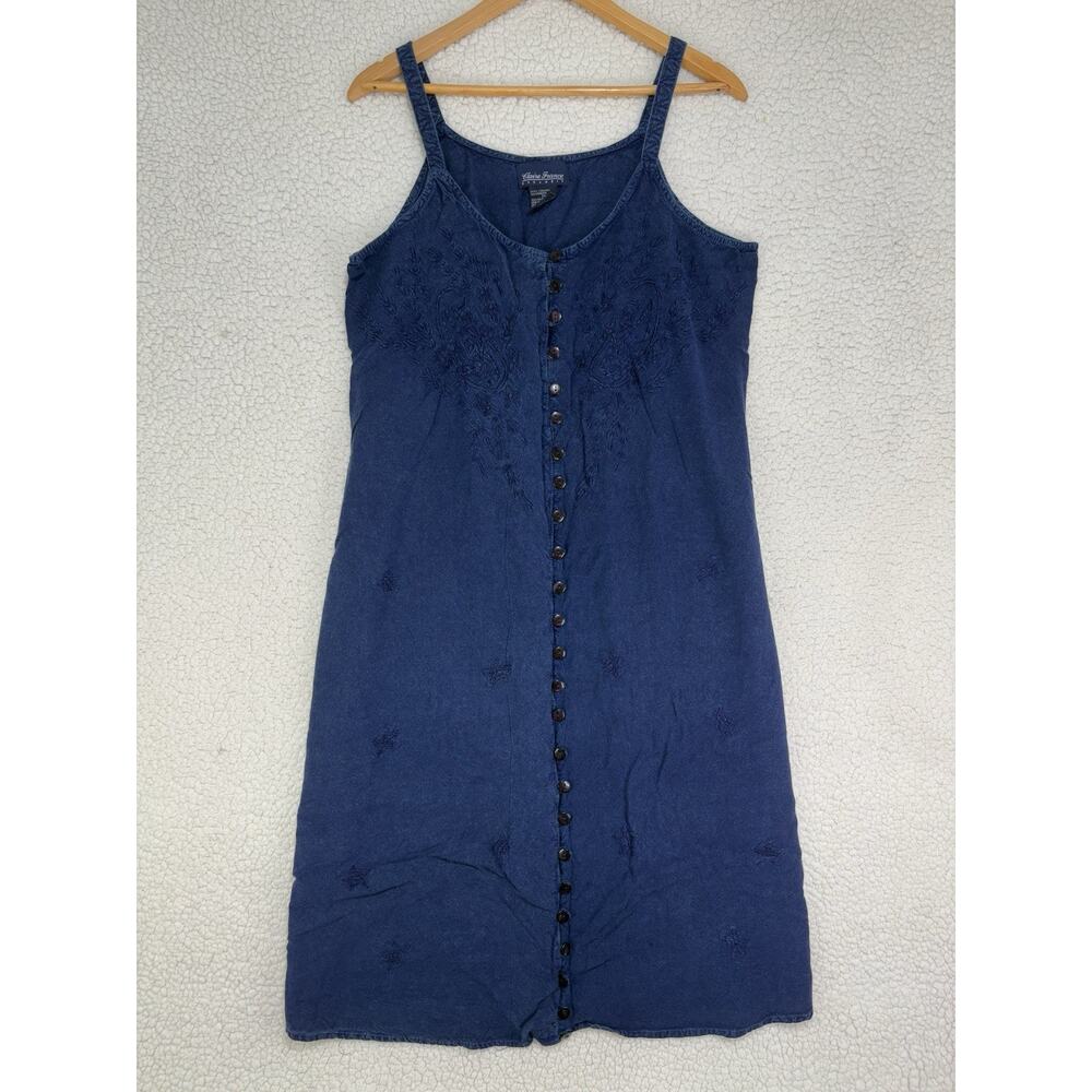 VTG Button Tank Midi Dress Blue Boho Festival Denim Embroidered‎ Stars Floral